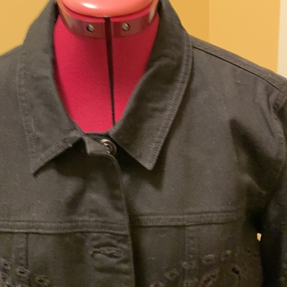 JustFab Black Jean Jacket with embroidered cut outs - Picture 4 of 13